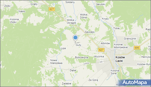 mapa Guty, Guty gmina Kosów Lacki na mapie Targeo